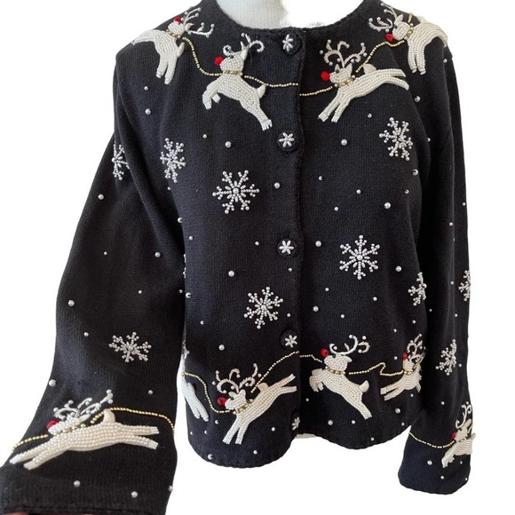 Michael Simon Cardigan Christmas Sweater Art Santa Claus Beaded Reindeer Large - Picture 4 of 16